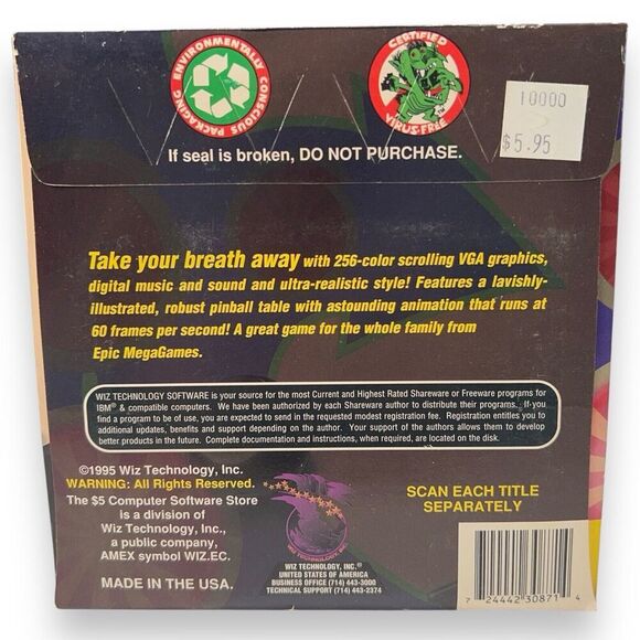 VTG NOS Epic Pinball Shareware PC Game 3.5” Disk Wiz Technology NEW SEALED! - Picture 2 of 4